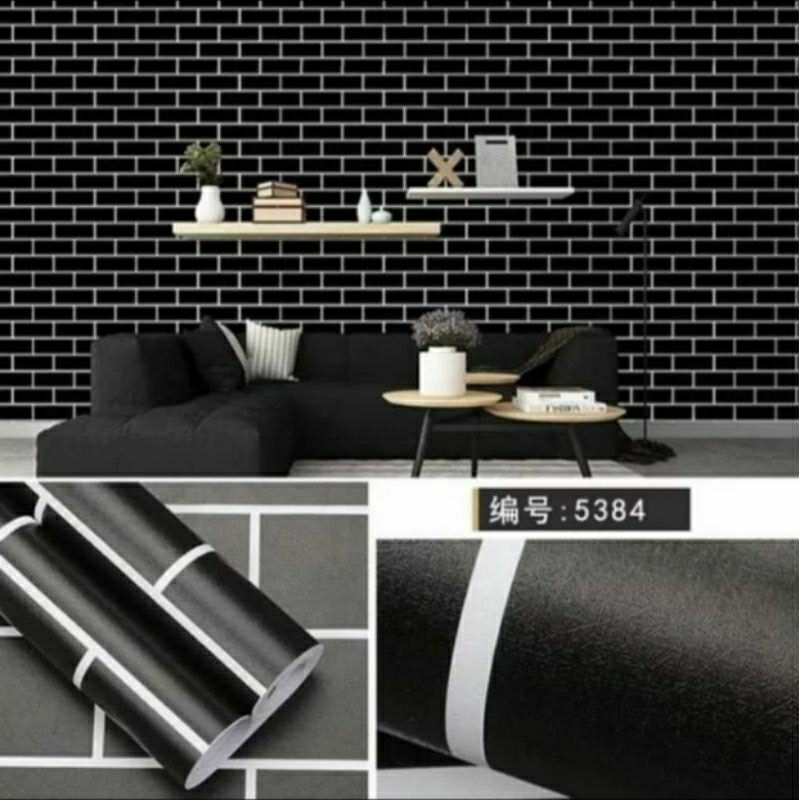 Wallpaper sticker dinding bata ukuran 45cm x 10 meter putih list hitam 3D minimalis aestehtic esteti