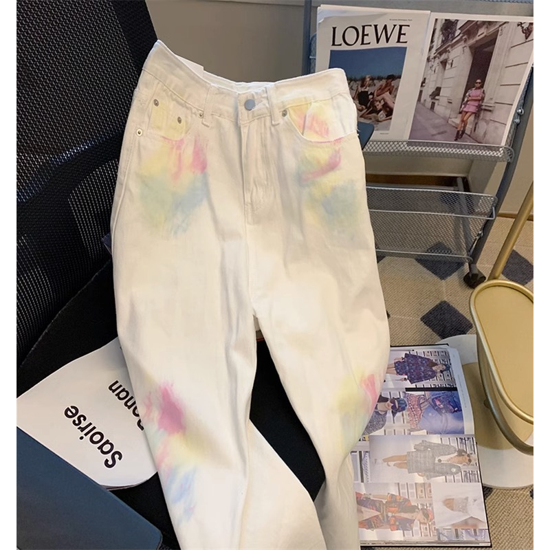 Korea Tie-dye Putih Highwaist Loose Celana Jeans Wanita Terbaru