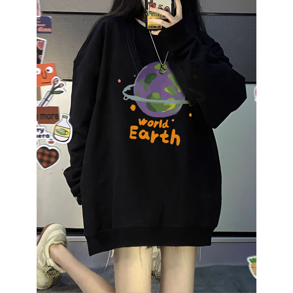 EUNII Sweater Lengan Panjang Cartoon Earth World Printing Korean Style/Sweater Crop/Baju Wanita/Switer Wanita/Switer