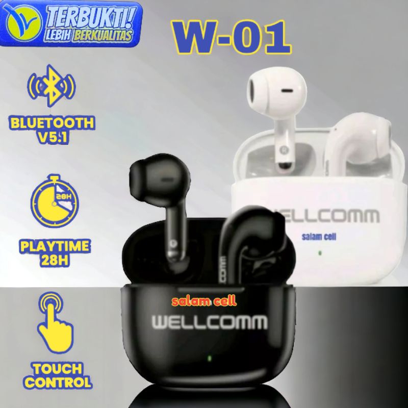 Headset Bluetooth TWS Wellcomm W01 Bluetoot V5.1 Playtime 28jam Original Garansi Resmi