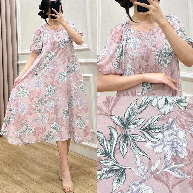 Daster Dress LEONA LITE Midi Dress bawah Lutut Cantik Kekinian