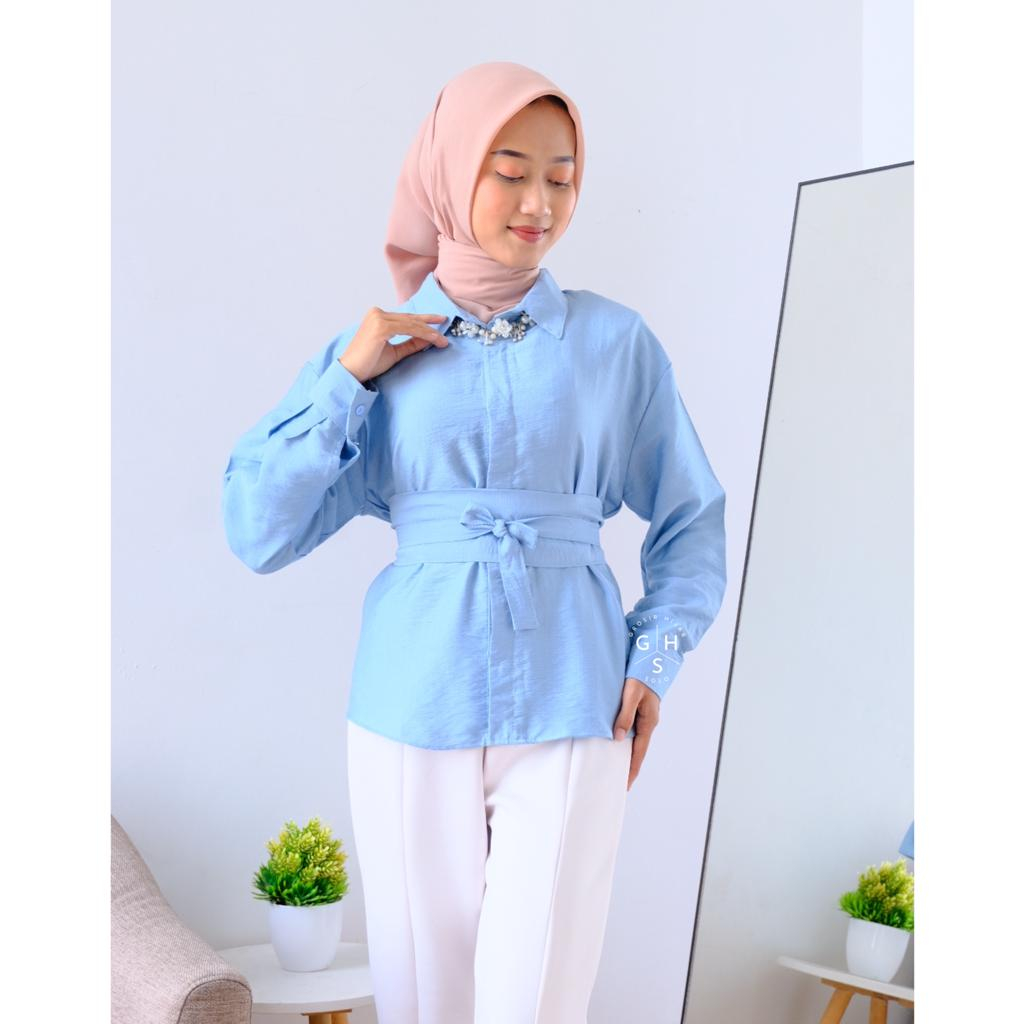 LORENZA KEMEJA BASIC FREE OBI BELT BLOUSE ATASAN WANITA BUSUI POLO LINEN PREMIUM (MSB)