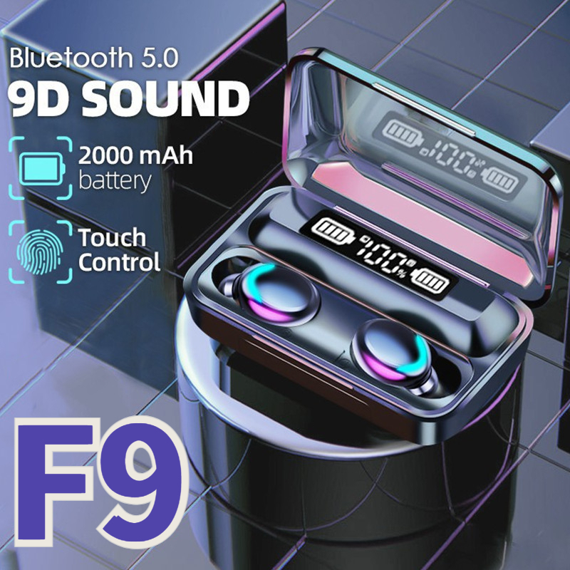 (COD) F9-5 Headset Bluetooth Power Bank TWS with Mic 9D Bass Stereo Handset Water Proof Earbud 5.0 Wireless Earphone