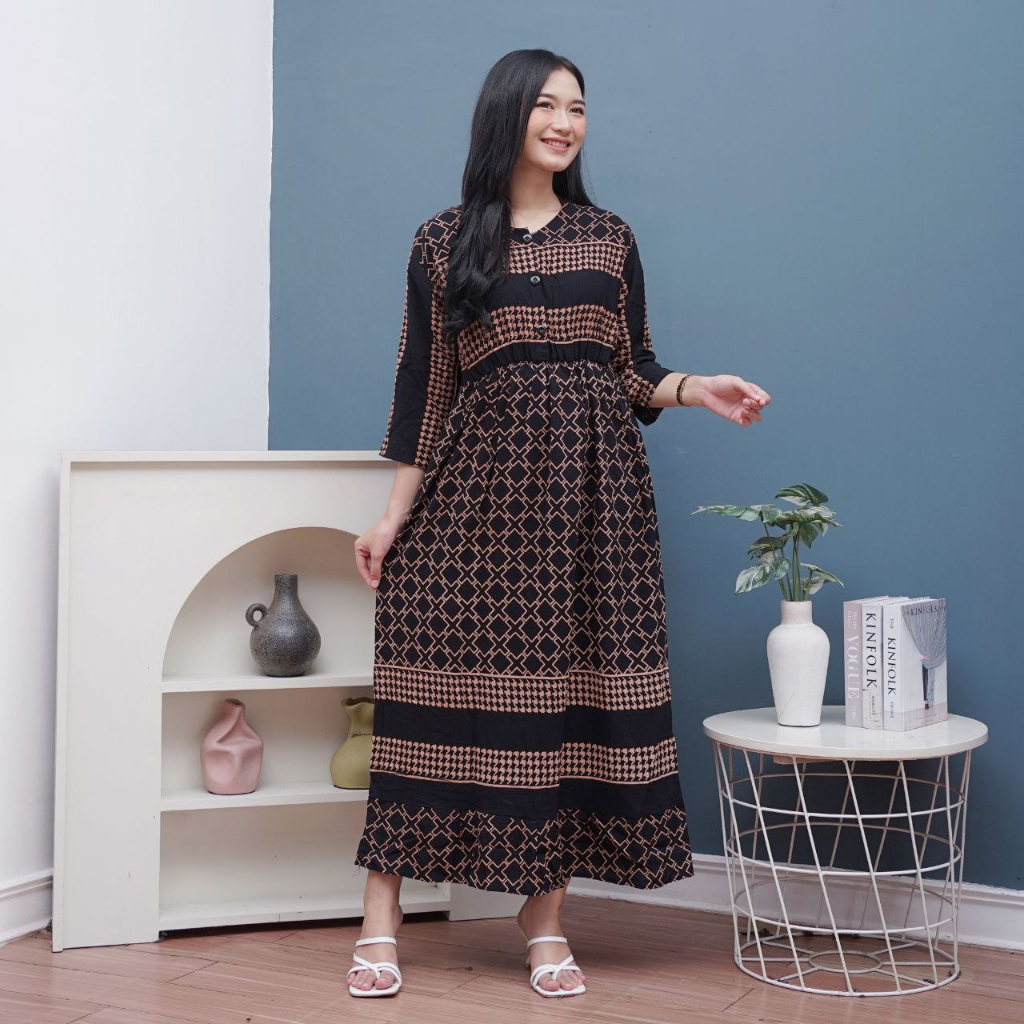 Daster Midi Dress Lengan Panjang Kekinian Kerut Dada Busui Rayon Premium