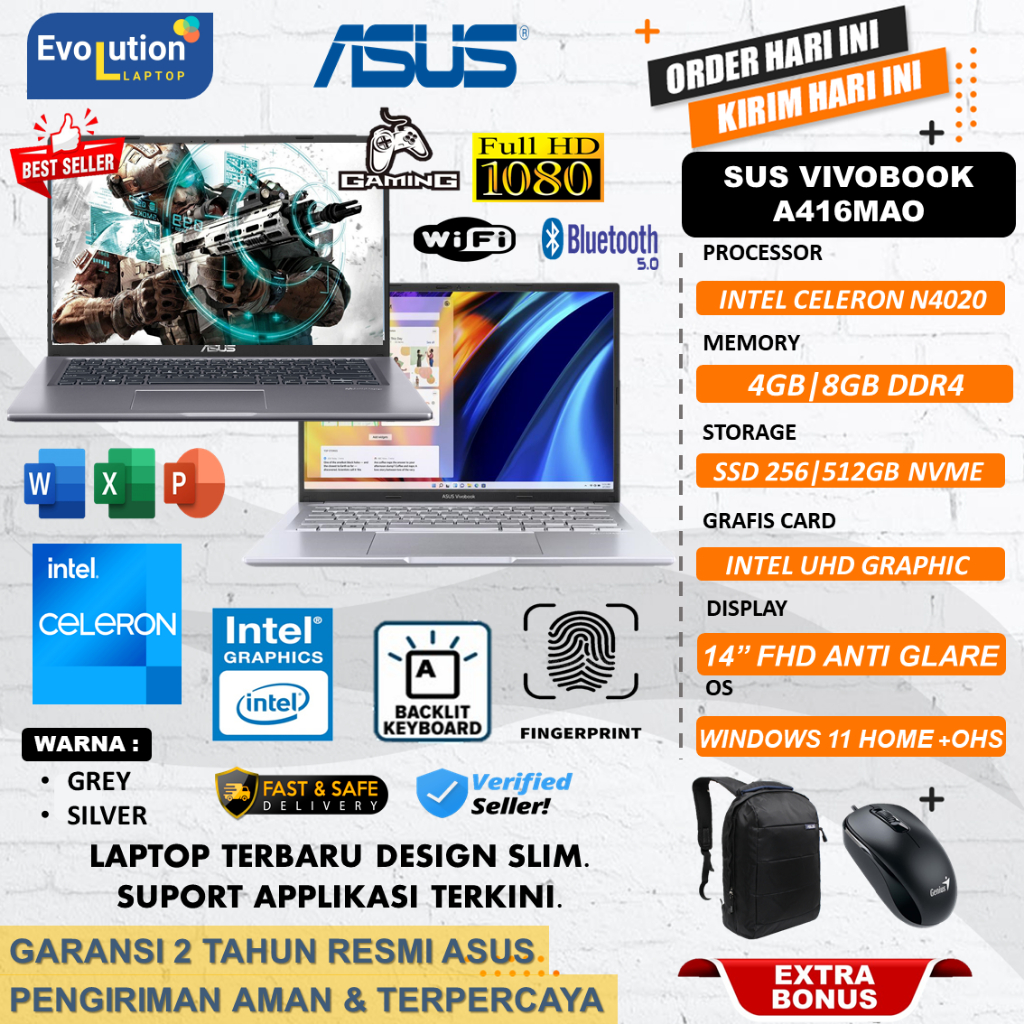 Laptop Sekolah Baru ASUS Vivobook 14 A416MA - E410MA  - E510MA INTEL N4020 - N5030 RAM 8GB SSD 512GB WINDOWS 11 OHS