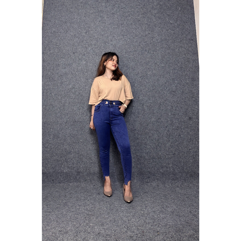 MCO - Celana Jeans wanita HW Skinny Kancing Motif Slimfit