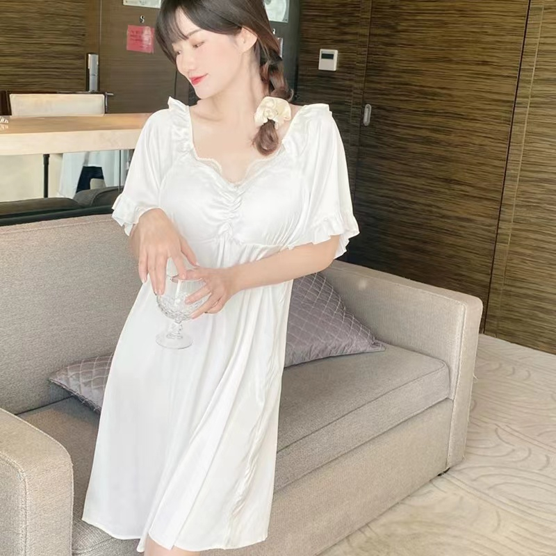 2023 Versi Korea Baru dari Piyama Lady Ice Sutra Tipis/Pendek -Lace Mid -Length Nightdress