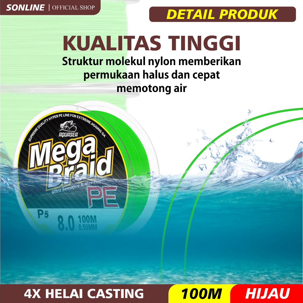 SONLINE - Senar Pancing PE Mega Braid Fishing Line Senar Pancing X4 Braided Fishing Line 100M Warna Hijau PE Fishing Line Pancing Fishing Gear