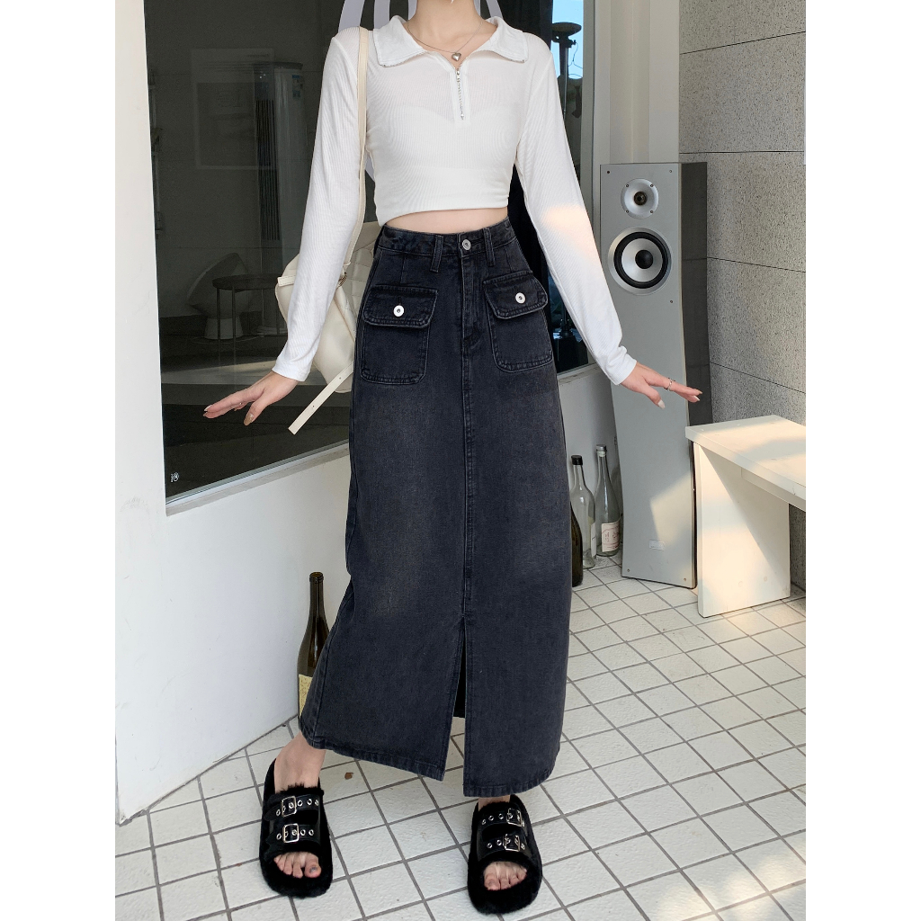 Button Pocket Rok Denim Panjang Wanita Dress  Korean Style Slit A-line Skirt Midi