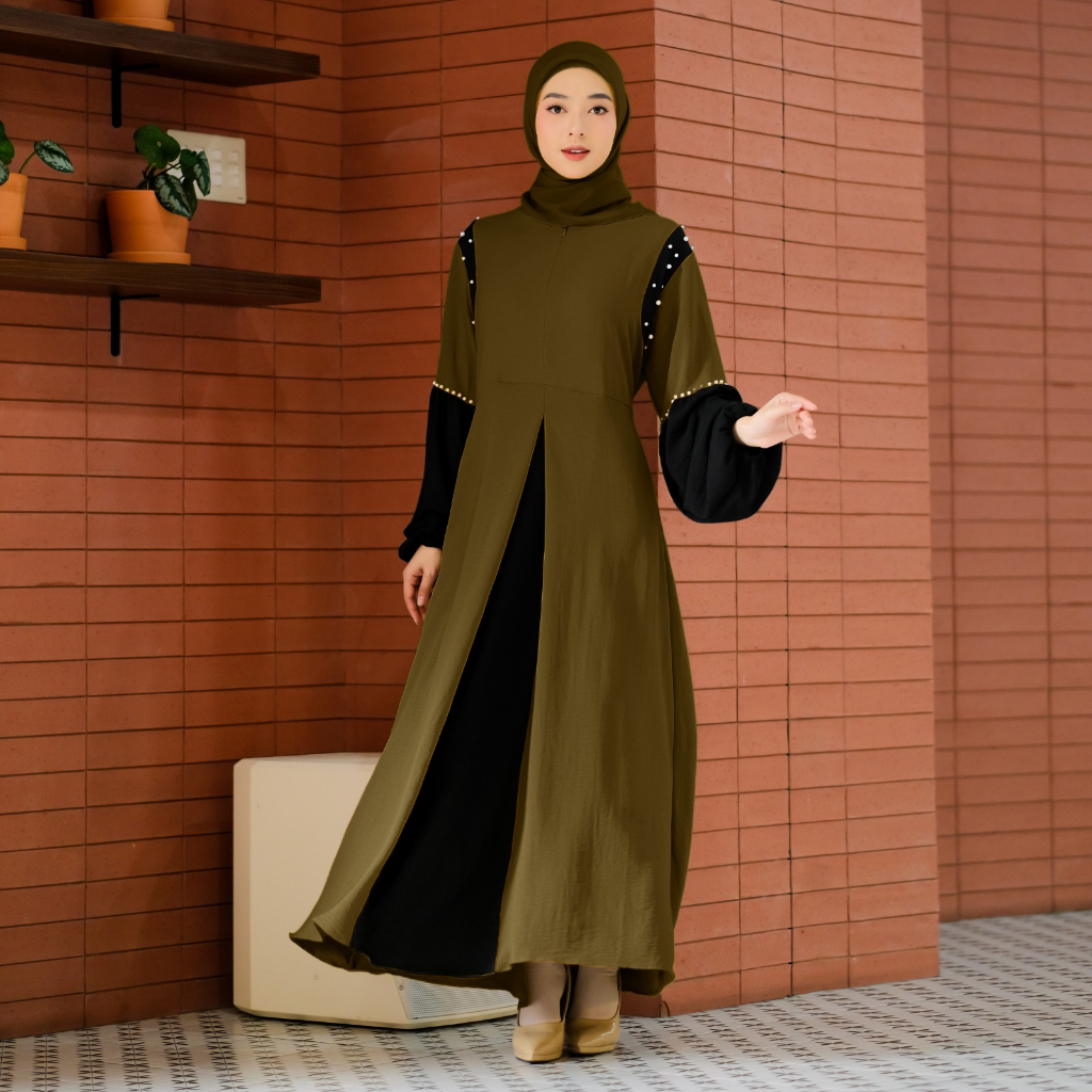 Demore Maxy Bella Gamis Kasual Kondangan Dress Wanita Muslim Crincle Airflow Polos Aplikasi Mutiara Tembak Busui Friendly