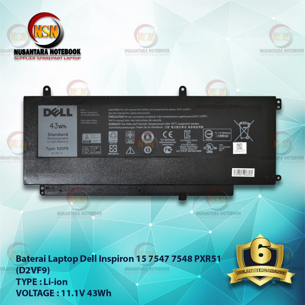 Baterai Dell ORI Inspiron 15 7547 7548 0PXR51 PXR51 D2VF9 11.1V 43Wh