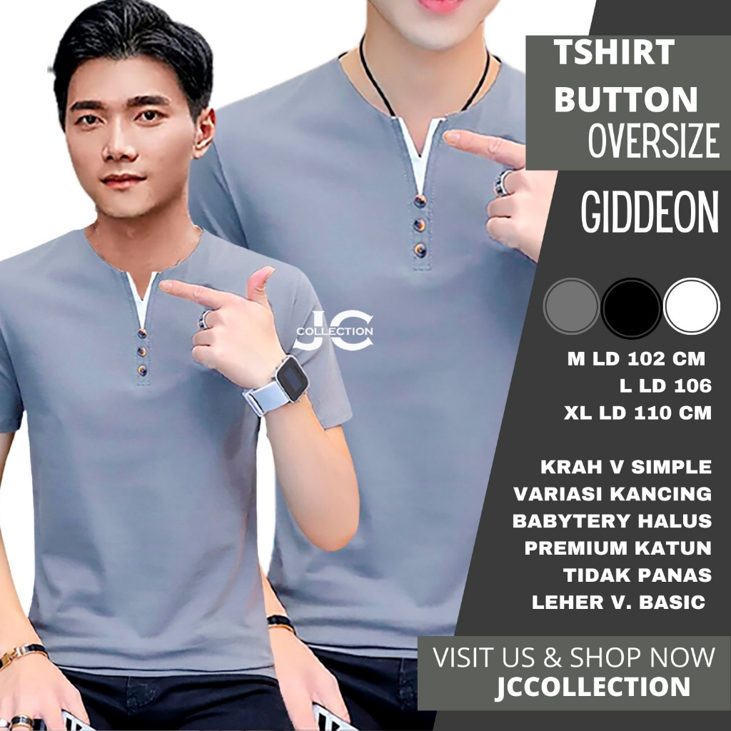 Tshirt Pria Oversize Kaos Lengan pendek Pria Gaya Korea variasi kancing Giddeon - JCCollections