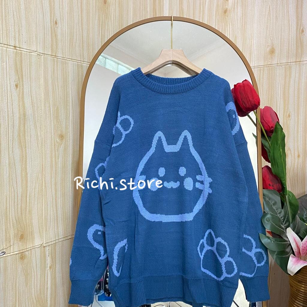 Caitlin oversize sweater rajut korean style motif kucing