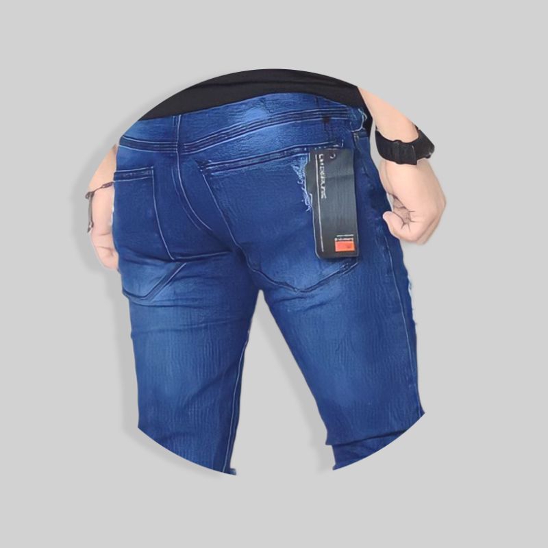 Celana Jeans Pria Sobek Lutut Panjang Slimfit Denim