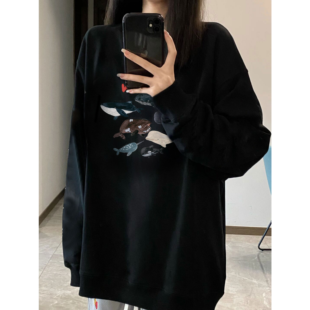 EUNII Sweater Lengan Panjang Cartoon Whale Printing Korean Style/Sweater Crop/Baju Wanita/Switer Wanita/Switer