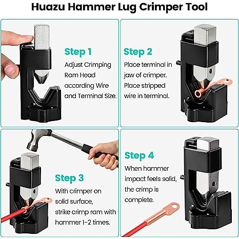 Hammer Battery Lug Crimping Tool for 8, 6, 4, 2, 1/0, 2/0, 3/0, 4/0 American Wire Gauge (AWG) Wire and Cable