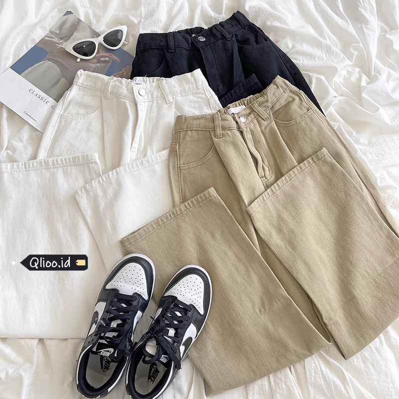 Korea Style Jeans Wanita High Waist Celana Panjang Khaki Straight Pants Loose Jeans