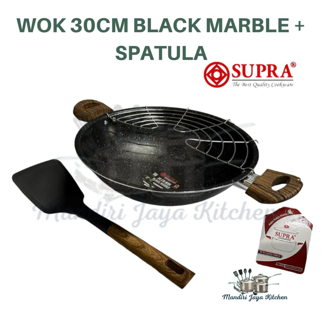 Supra Wok 30CM Black Marble + Saringan + Spatula/Wajan Supra 30CM