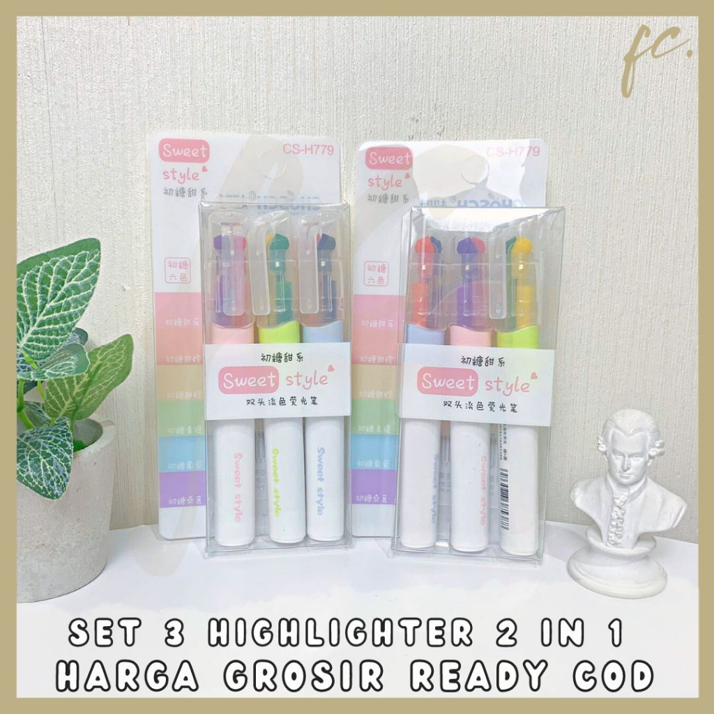 

1 Set isi 3 Pcs Highlighter / Color Marker Spidol Box 6 Warna Pastel Sweet Style CS-H779 Premium Import Korean Japan Grosir Ready COD
