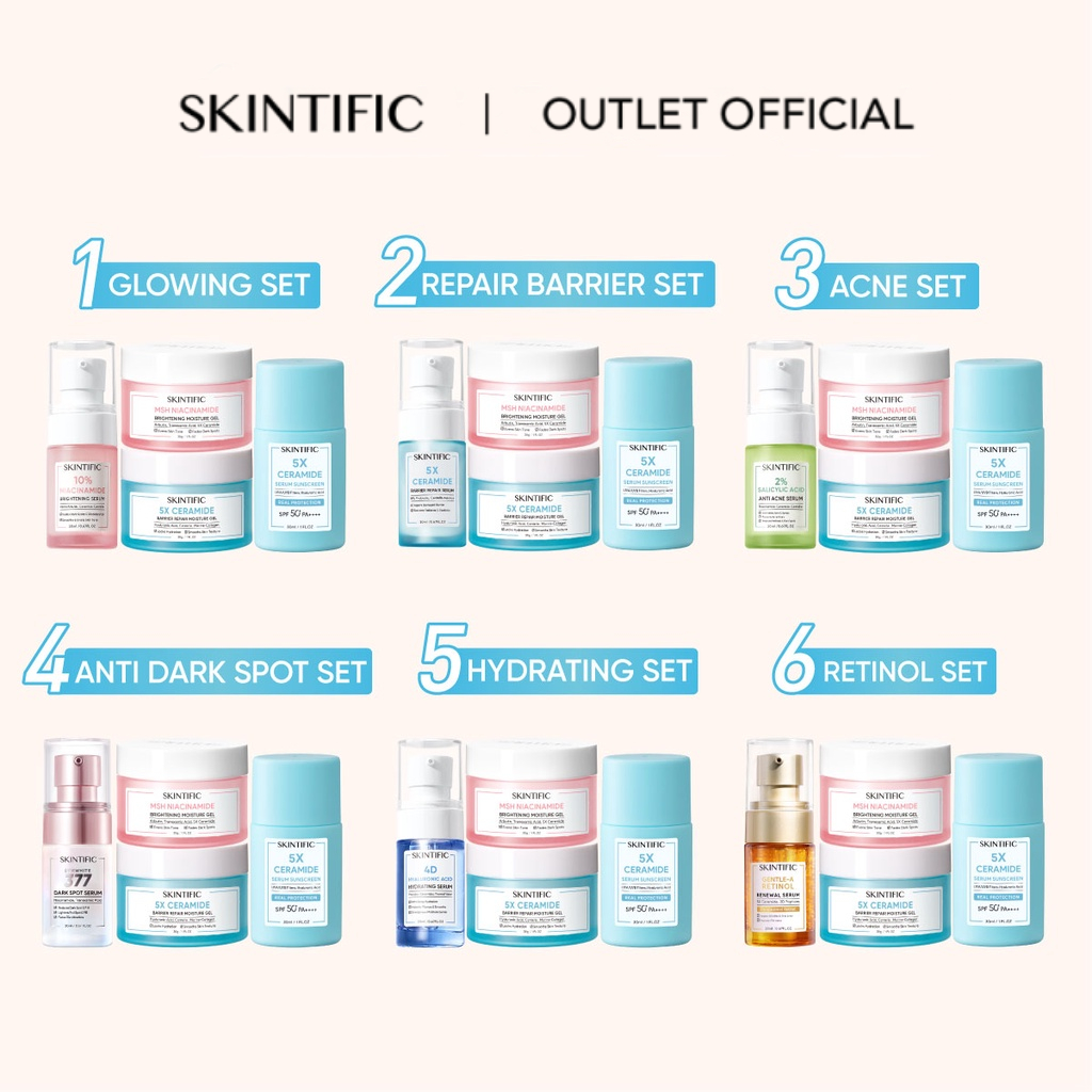 【OUTLETS】SKINTIFIC 4pcs Paket with MSH niacinamide Moisture Gel 30g - 5X Ceramide Barrier  Moisturize Gel - Sunscreen &amp; 5X Ceramide Skin Barrier  Serum &amp;  Serum Niacinamide 10% &amp; Anti Acne Serum &amp; SymWhite 377 Dark Spot Serum