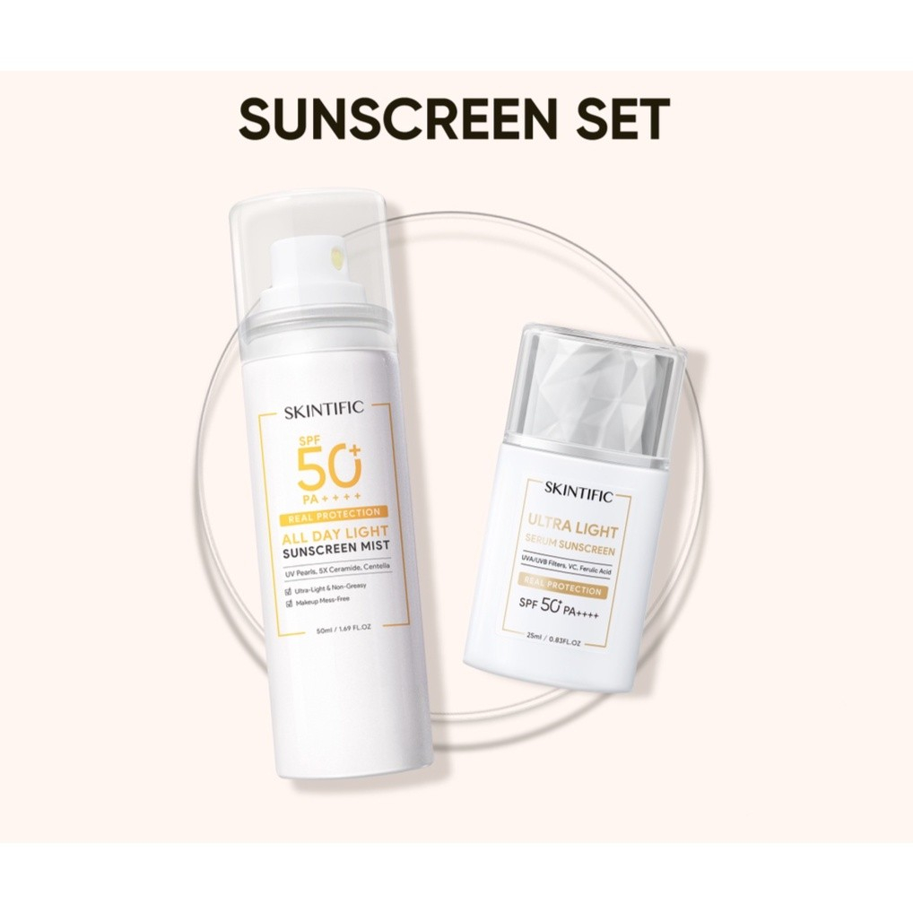 【Skintific Outlet Official】SKINTIFIC Sunscreen Set 2PCS - Skintific All Day Light Sunscreen Mist 50ml Sunscreen Spray + Ultra Light Serum Sunscreen 25ml UV Shield Sunblock SPF 50 PA ++++ Face Sunscreen tabir surya wajah