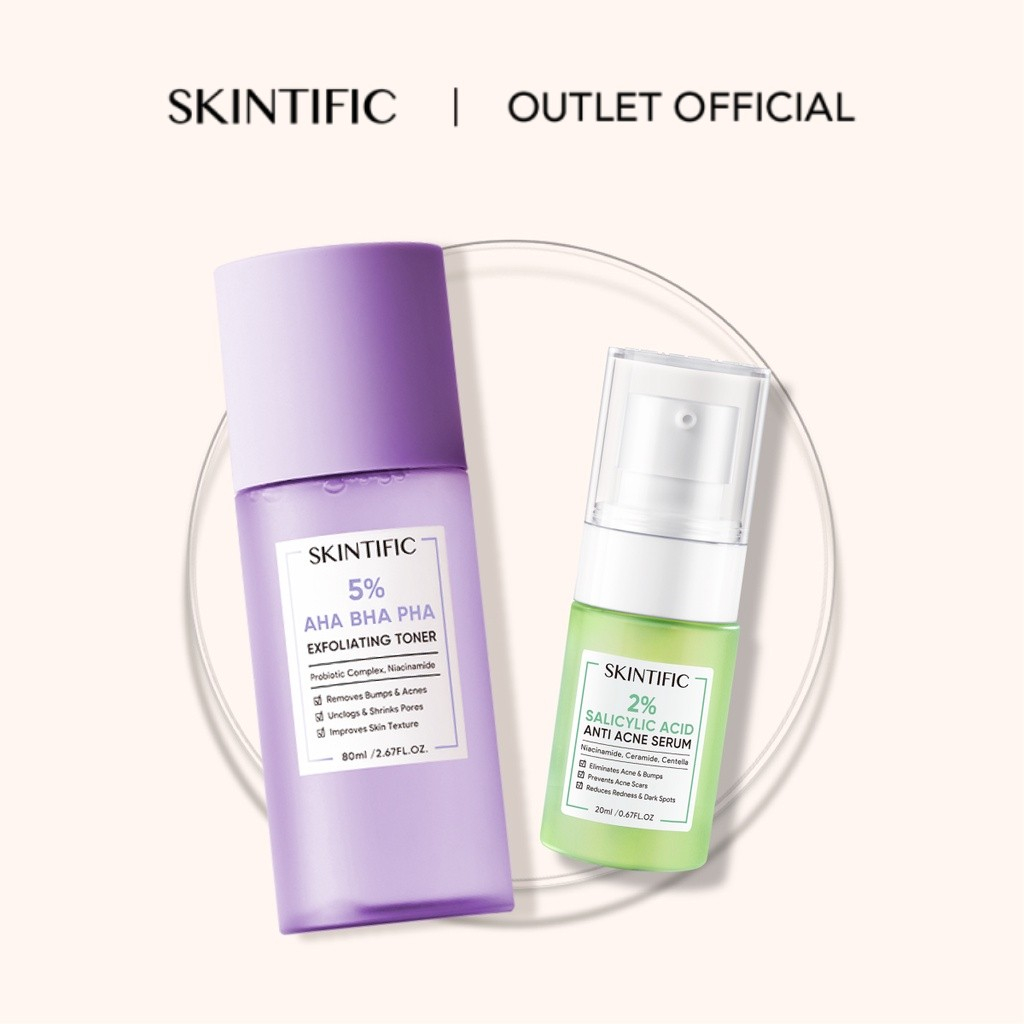 【Skintific Outlet Official】SKINTIFIC 2pcs Set | 2% AHA 2%BHA 1% PHA Exfoliating Toner 80ml + 2% Salicylic Acid Anti Acne Serum 20ml