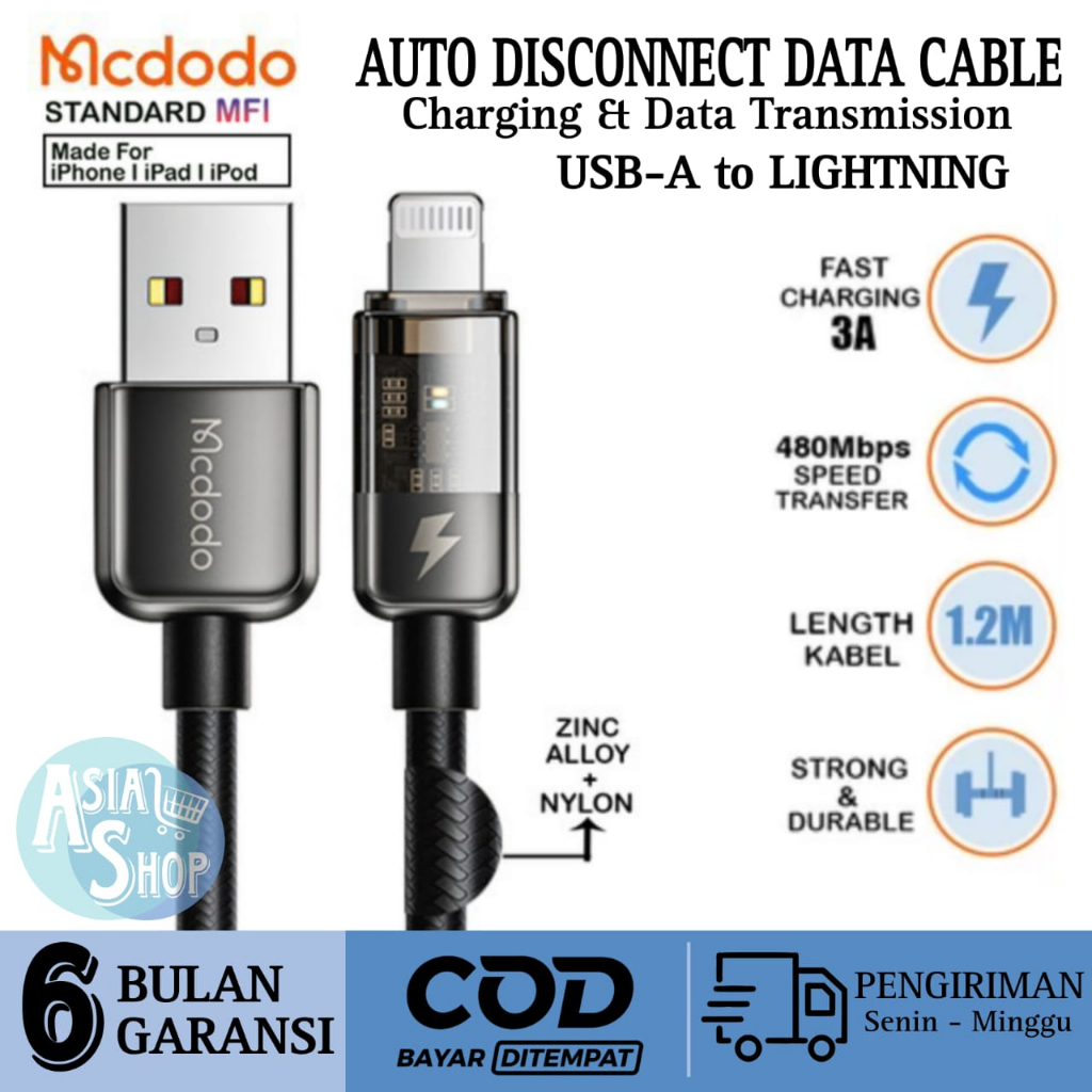 MCDODO Kabel Data USB to Lightning / Type-C FAST Charging AUTO POWER OFF Transparent Data Cable 1.2M