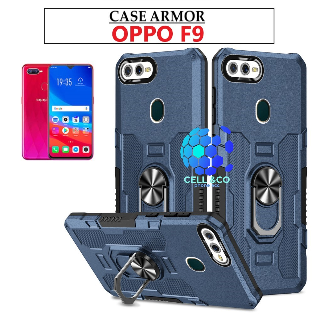 Case Armor OPPO F9 Iring Cincin Magnetic Kesing Hp Protect kamera Premium Hard Case Standing Robot Pelindung Kamera