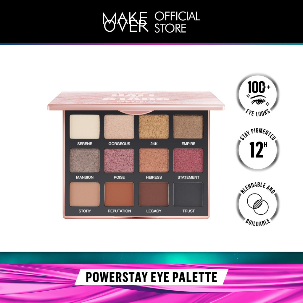 MAKE OVER Powerstay Eye Palette Indonesia / Eyeshadow Palette 12 x 1.5g / 100 Eye Looks / Blendable And Buildable / Opthamonologically / Stay Pigmented 12H / Non Comedogenic Acnegenic / Shade Futurist Gleam Hall Of The Stars / Cosmetic Eys Make Up Series