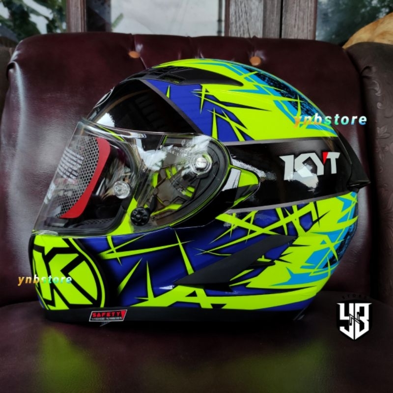 Helm KYT Falcon FR Spike Yellow Fluo Blue Double Visor Original Flat Clear | Helm Fullface KYT Falco