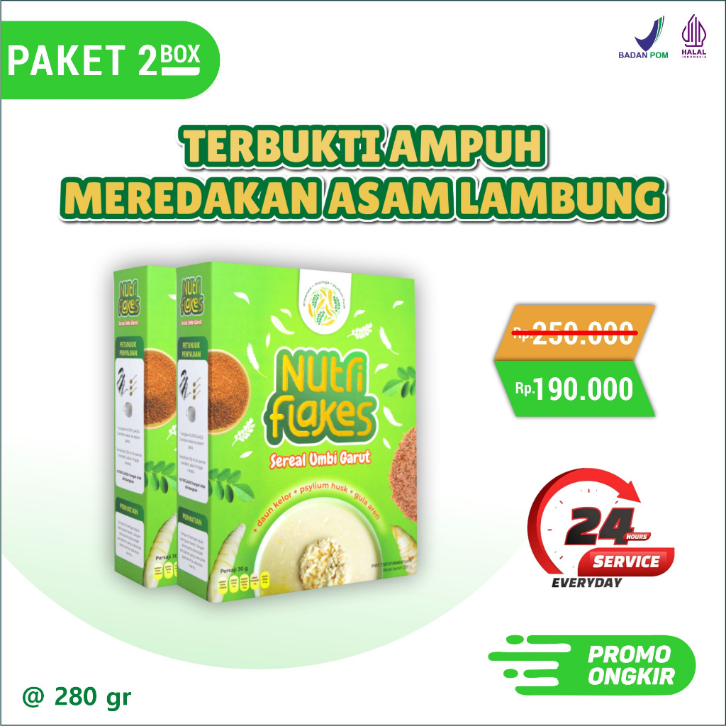 

NUTRIFLAKES PAKET TERAPI 2 BOX- Sereal Alami Tanpa Efek Samping-100% Original- Mengatasi Asam Lambung GERD Maag Kronis- Sereal Sehat Pati Umbi Garut Daun Kelor Psylium Husk dengan Tambahan Gula Aren dan Susu Ettawa