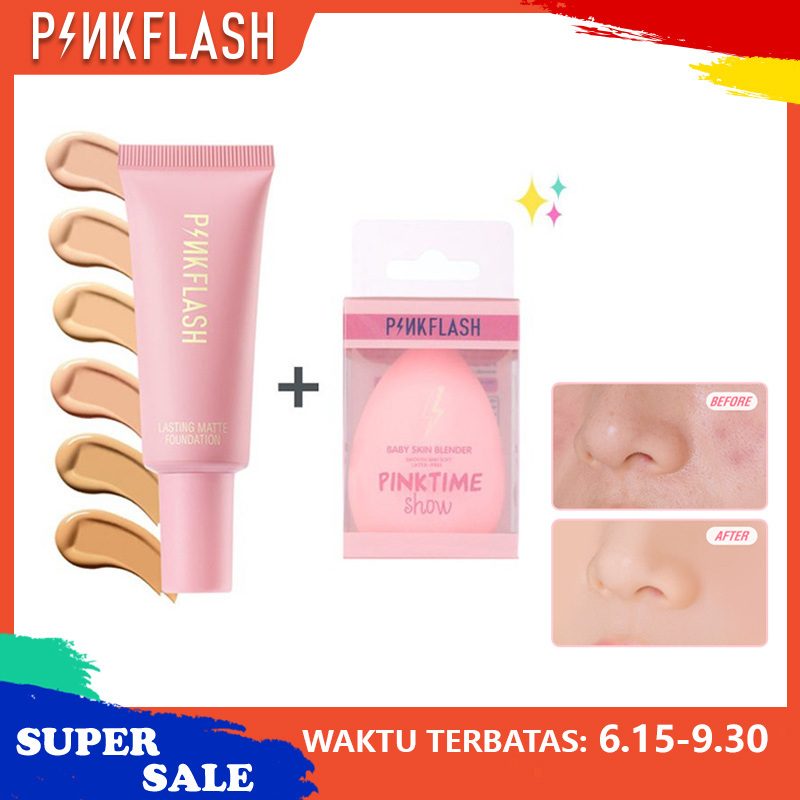 Pinkflash 2 Pcs Foundation Matte Full Coverage Tahan Lama Mengontrol Minyak Untuk Makeup With Sponge