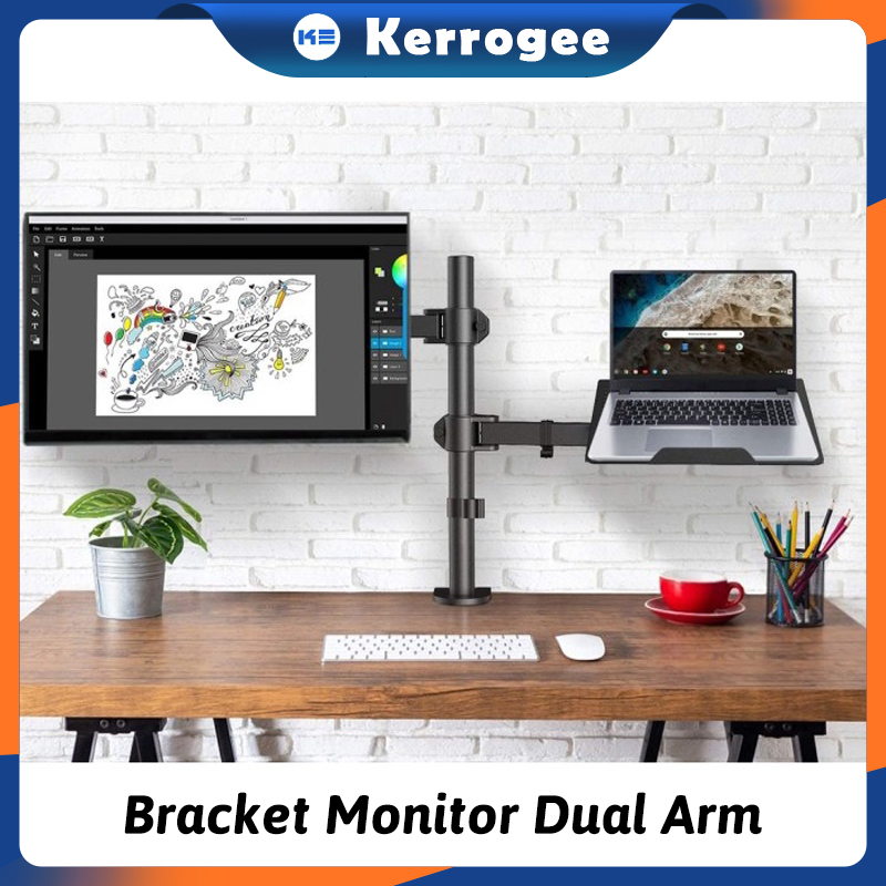 Bracket Monitor Dual Arm Monitor &amp; Laptop Stand Double Stand Mount Desk Breket - Hitam