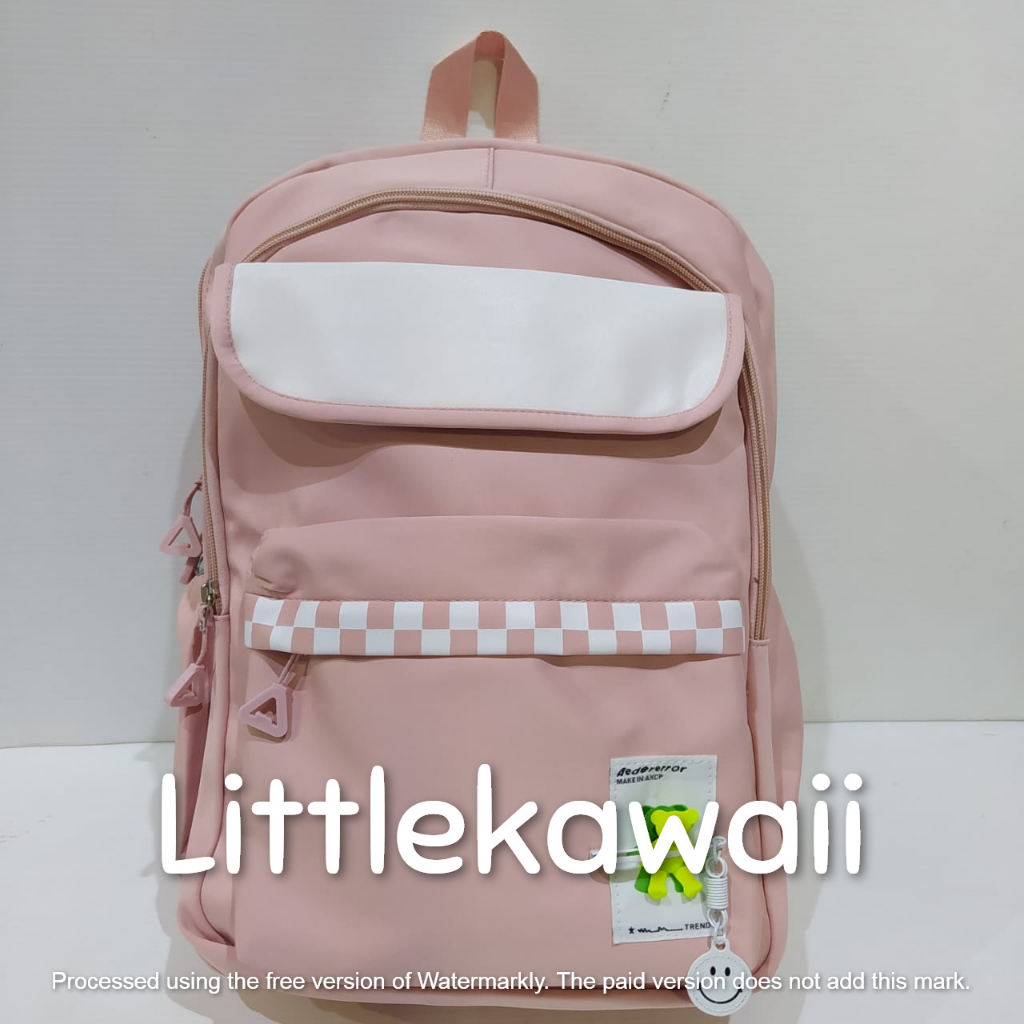 LK/Tas Ransel Laptop Backpack Parasut Sekolah Fashion Korean Style Anak Remaja Dewasa Pin Bear Smile Kantong Depan Import