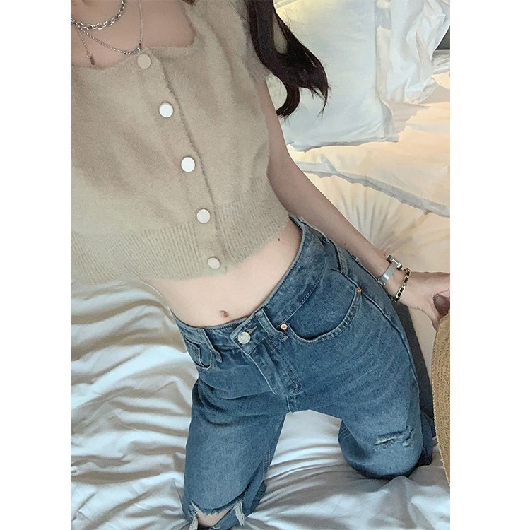 Celana Wanita Kekinian Korean Style Denim Straight High Waist Jeans Longgar Pinggang Pants Wanita