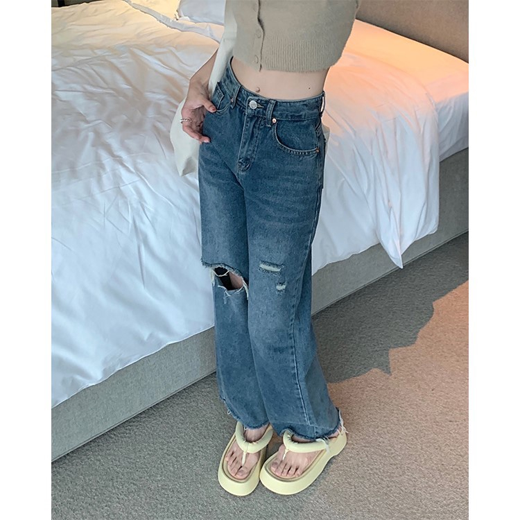 Celana Wanita Kekinian Korean Style Denim Straight High Waist Jeans Longgar Pinggang Pants Wanita