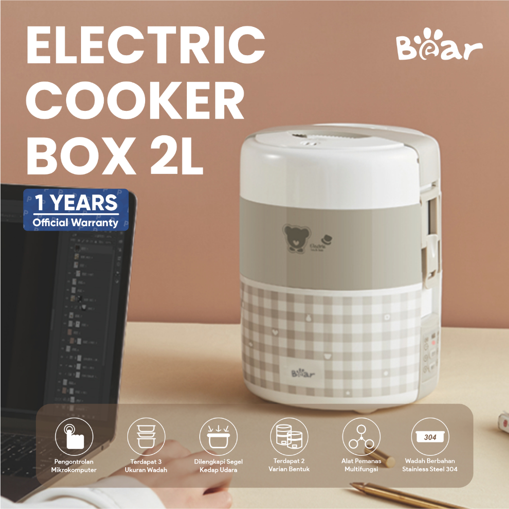 BEAR Electric Cooker Box 2L | Kotak Bekal Elektrik | Pemanas Makanan | Kukusan Serbaguna