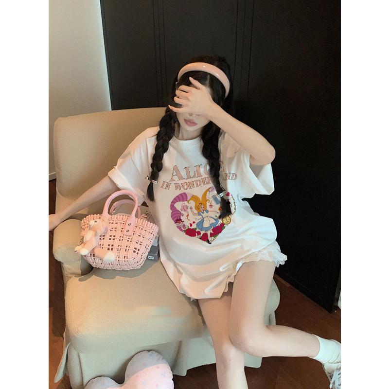 EUNII T-shirt Lengan Pendek Cartoon Pink Alice In Wonderland Printing Korean Style/Kaos Atasan Wanita/Baju Kaus Oversize Wanita/Kaos Wanita