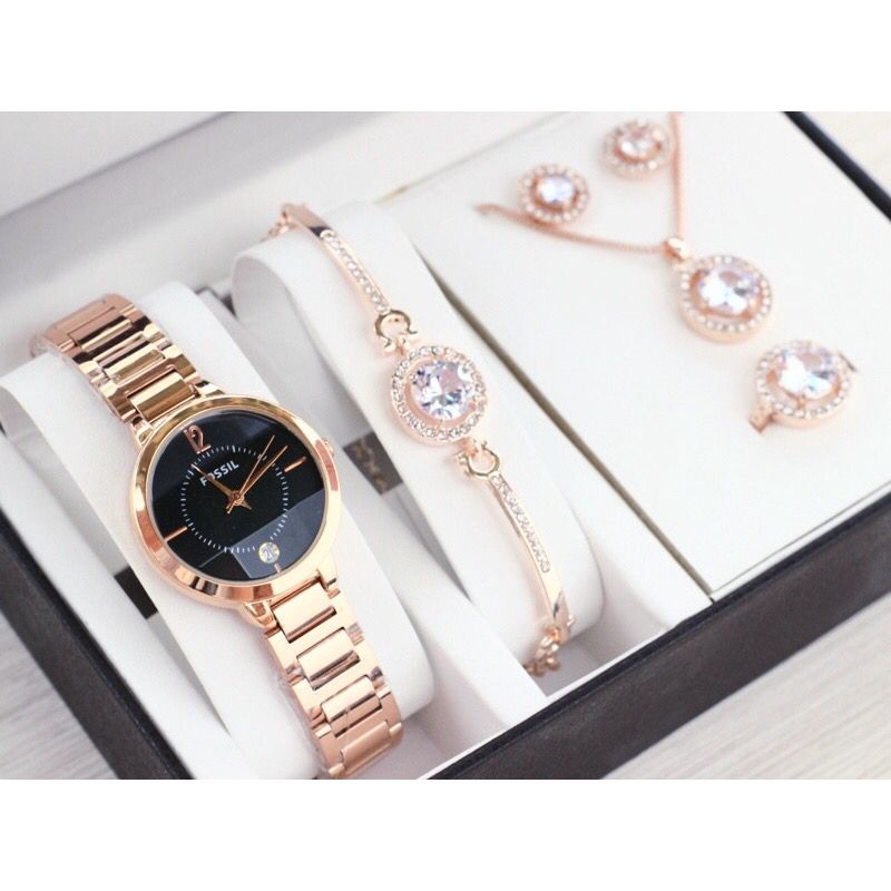 BISA COD JAM TANGAN WANITA F0XXIL PAKET GIFT FREE ACCESSORIES SET + BOX EXCLUSIVE & PAPERBAG