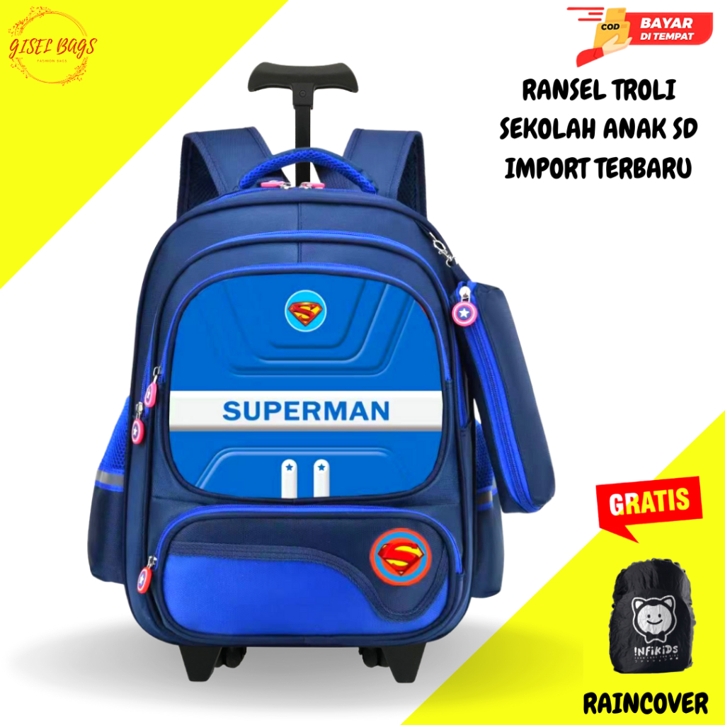 Tas Troli Anak Laki Laki Sekolah SD Ransel Import Premium Karakter Gambar Superhero Timbul 6D Roda Dorong BY GISEL BAGS