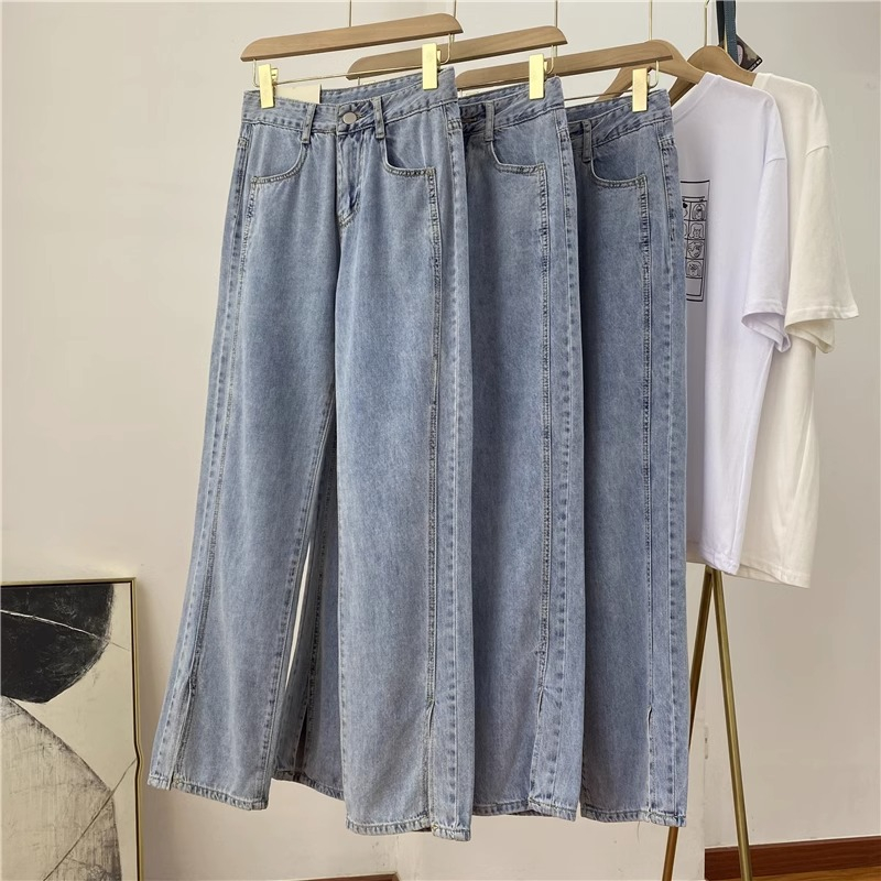 Belahan Highwaist Straight Celana Jeans Wanita Ukuran jumbo