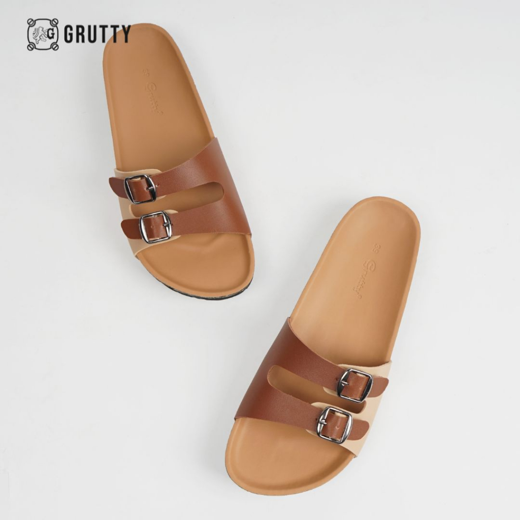 GRUTTY Trella Sandal Wanita Flat Two Tone Series Sendal Kekinian Super Comfy Cream Kombinasi