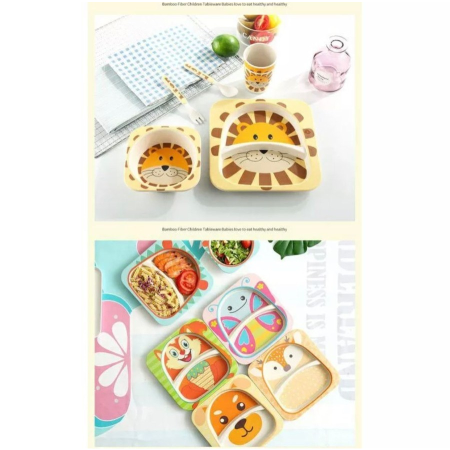 EM Peralatan Makan Anak Set 5 In 1 Tableware Bamboo Motif Kartun