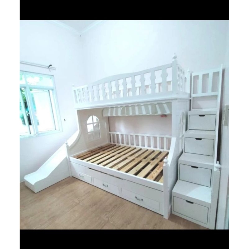 tempat tidur anak tingkat tangga laci+prosotan bawahnya sleding bed dan laci 3 size 100x200. 120x200