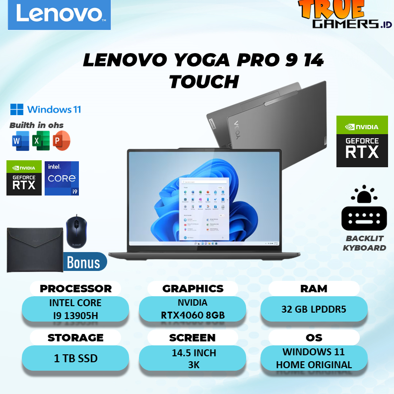 LENOVO YOGA PRO 9 14 TOUCH RTX4060 8GB I9 13905H 32GB 1TBSSD W11+OHS 14.5 3K GLASS ADP