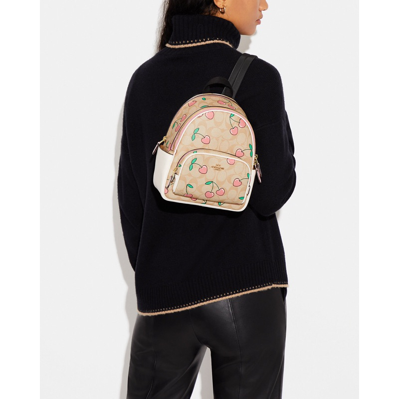 Coach Mini Court Backpack In Signature Canvas With Heart Cherry Print (CF 424)