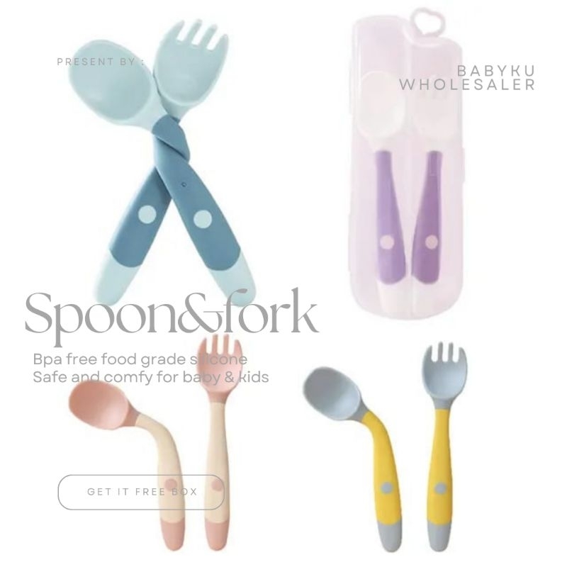 Sendok garpu makan bayi silikon 2in1 termasuk kotak / Spoon fork baby kids silicone
