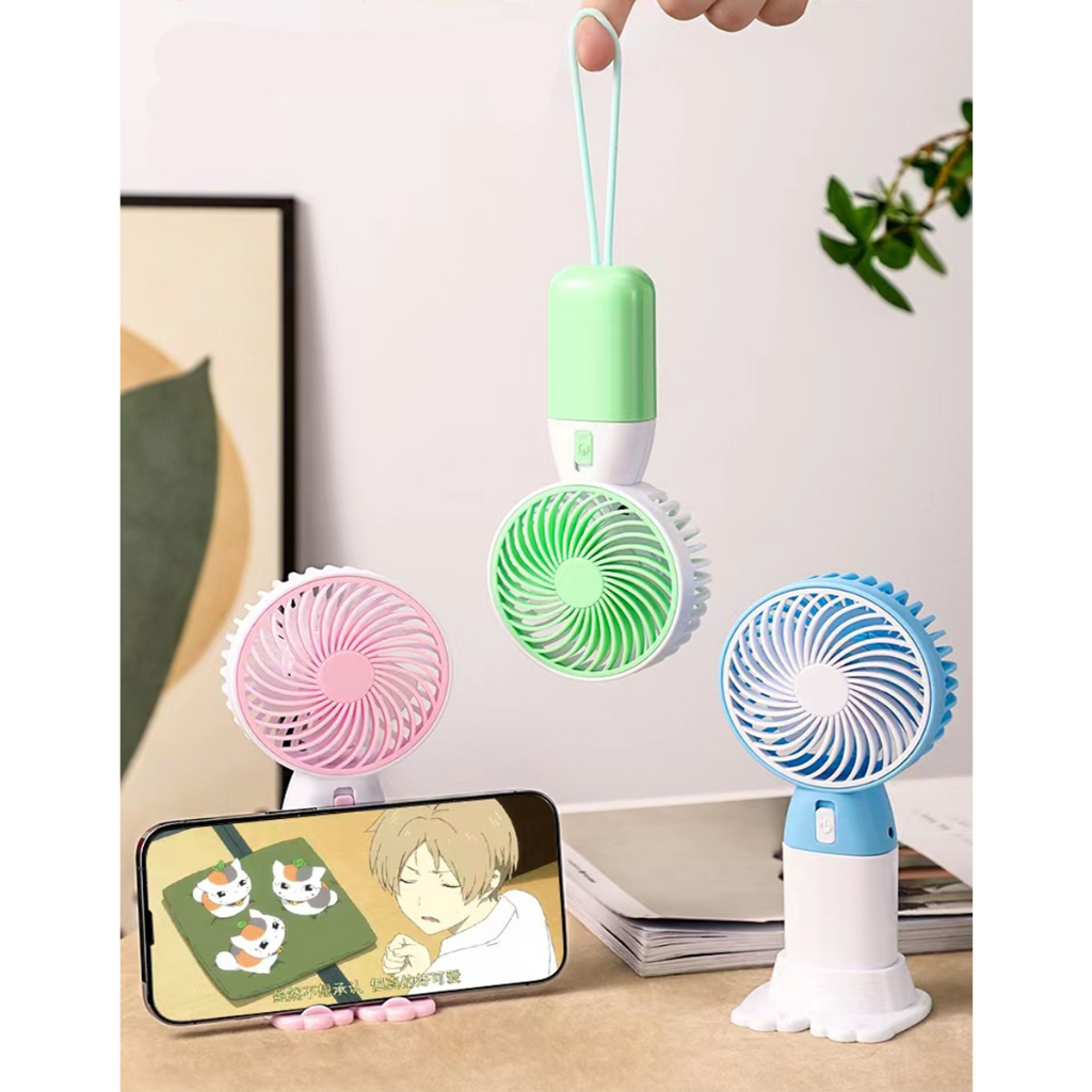 ( COD ) Kipas Angin Portable Mini GENGAM Fan Phone Holder Stand Handphone + Tali  POLOS PINK BIRU HIJAU PUTIH RECHAGERABLE USB