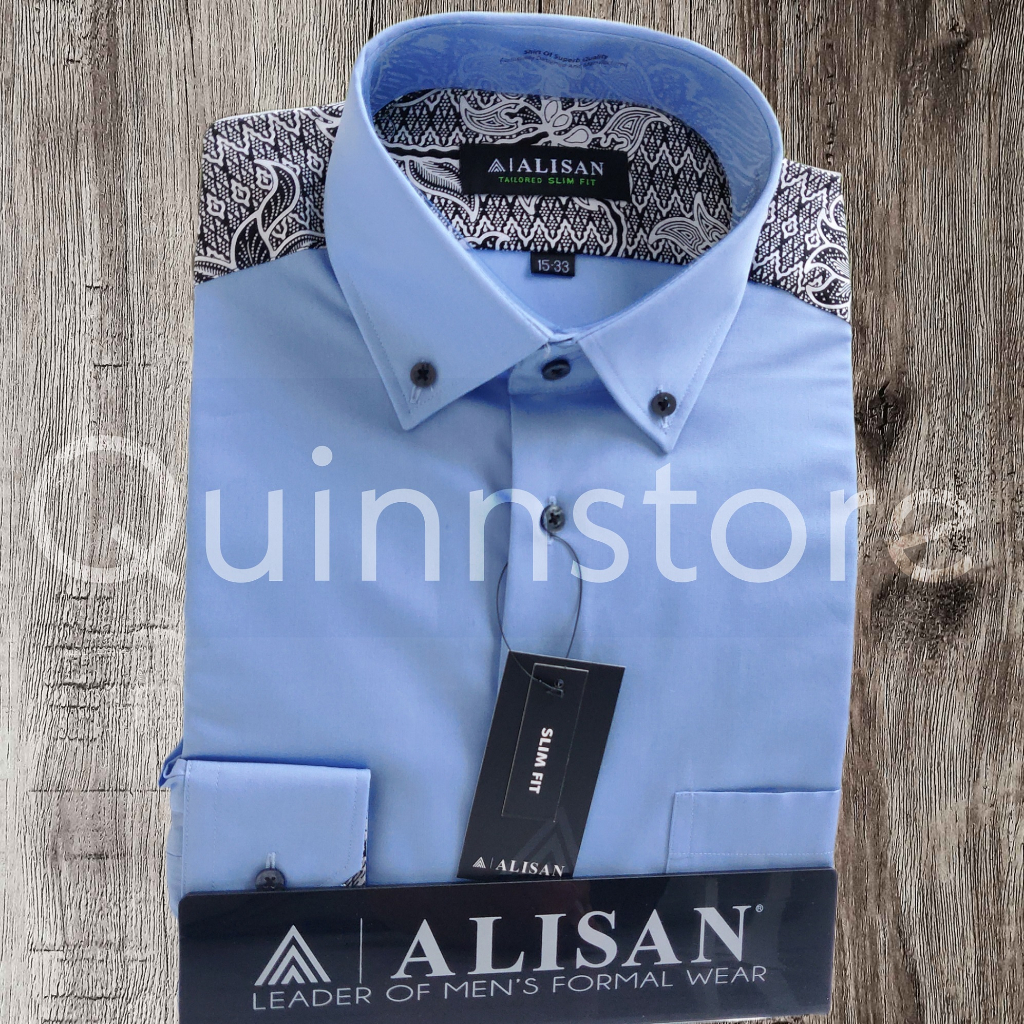 ALISAN Original Kemeja Polos - Kombinasi Batik Pundak - Lengan Panjang - SLIM FIT // Biru Muda //