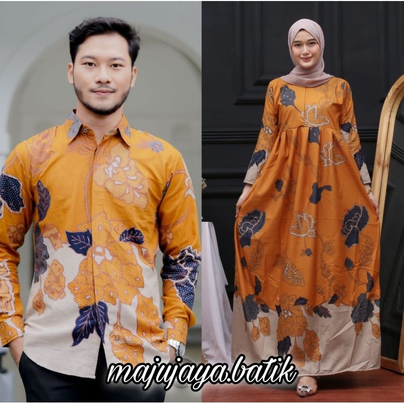 Batik Couple - Baju Batik Couple Kemeja Panjang Gamis Maxi Tali Samping Motif Mawar Kuning